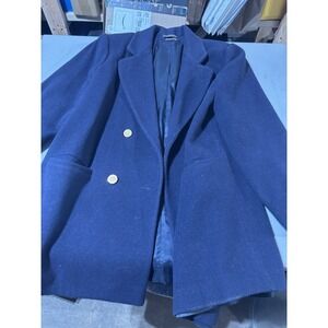 VTG WELLINGTON FASHIONS Lined WOOL Blue DOUBLE BREASTED Coat TRENCH JACKET Sz L
